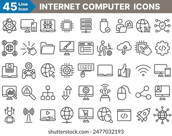 internet computer outline Icons set. Thin Line Vector Illustrations of Computers, Networks, Servers, database, website, device and Web Design. vector illustrator