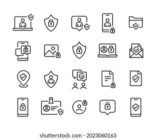 Internet and computer security icons. Shield with tick sign. Pixel perfect, editable stroke.