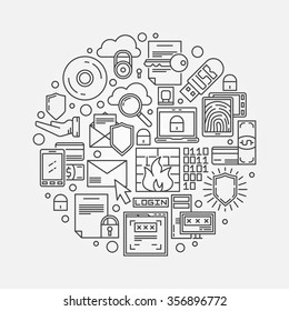 Internet or computer security illustration - vector round security symbol made with thin line signs