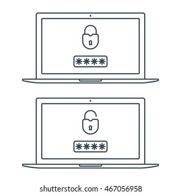 Internet or computer security. Modern laptop with open and closed padlock (lock). Flat linear icons isolated on background. Password security. Vector set