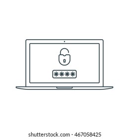 Internet or computer security. Modern laptop with open padlock (lock). Flat linear icons isolated on background. Password security