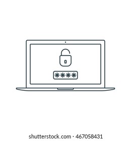 Internet or computer security. Modern laptop with open padlock (lock). Flat linear icons isolated on background. Password security