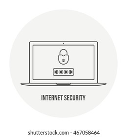 Internet or computer security. Modern laptop with closed padlock (lock). Flat linear icons isolated on background. Password security