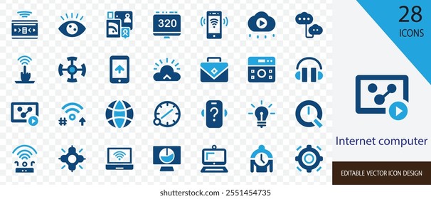 Internet computer solid icon set. containing laptop, web design, hardware, Wi-fi, computer, network, cloud, clicking and more vector illustration