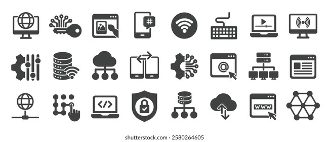 Internet computer solid icons collection. Containing connecting, networking, computing, server, hosting etc icons. Perfect pixel on transparent background. Vector illustration.