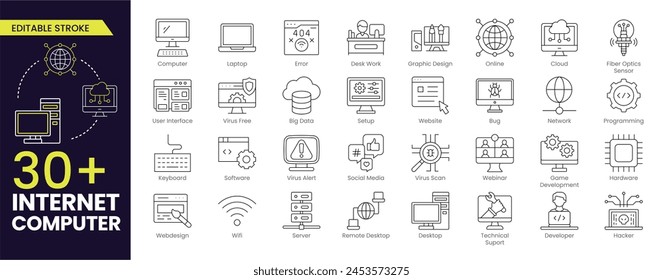 Kollektionen des Symbols "Internetcomputerstrich". Enthalten Online, Computer, Netzwerk, Website, Server, Webdesign, Hardware, Software und Programmierung. Kontursymbol Symbol Kollektion Gliederungssymbol