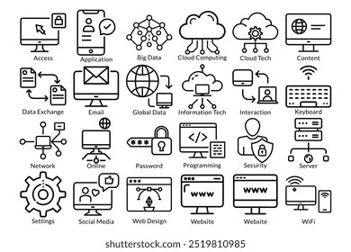 Internet e Computer Technology Icon Pack: Rede, Computação em Nuvem, Segurança, Web Design, Intercâmbio de Dados