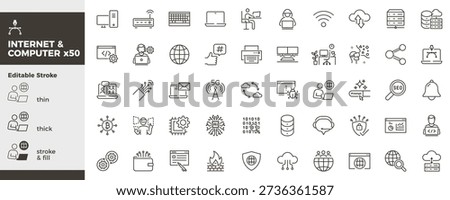 Internet and computer technology icon set. Network, cloud, hardware, software, data, security, AI, communication, web icons. Thin line editable stroke vector illustrations