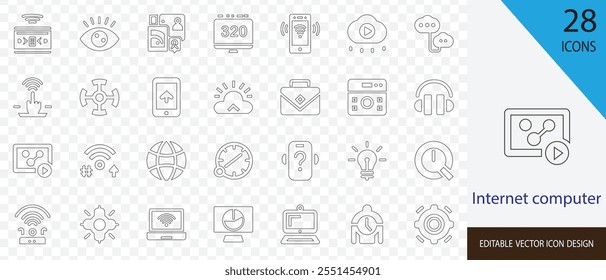 Internet computer thin outline icon set. containing laptop, web design, hardware, Wi-fi, computer, network, cloud, clicking and more stroke art