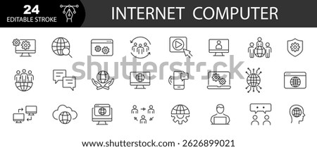 Internet computer web icons . Cyber security, internet connection, searching, data security, cloud network. Editable stroke. Vector illustration.