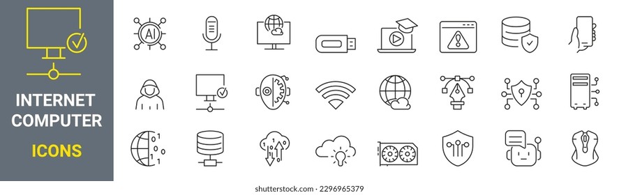 Internet computer web icons in line style. Cloud technology, data center, connection network, digital service, collection. Vector illustration.