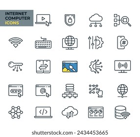 Iconos web de computadora de Internet en estilo de línea. Tecnología, nube, servicio digital, red de conexión, recogida. Ilustración vectorial. Imágenes producidas sin el uso de ninguna forma de IA. software