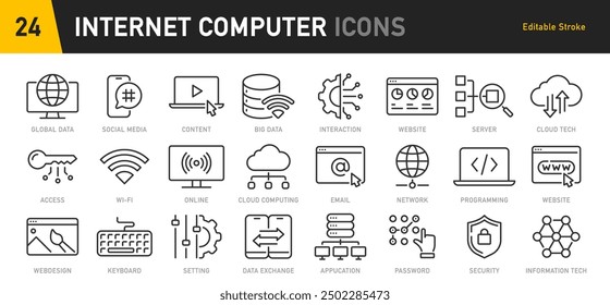 Internet computer web icons in line style. Cloud technology, data center, connection network, digital service, database platform, collection. Vector illustration.