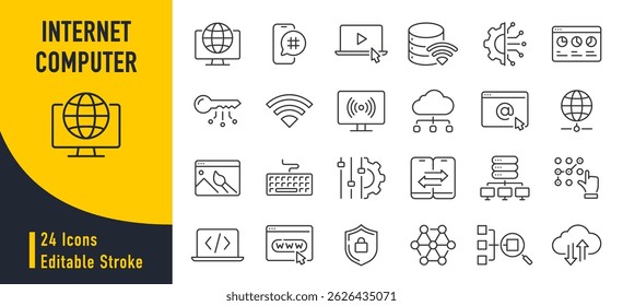 Iconos web de la computadora de Internet en estilo de línea. Tecnología en la nube, centro de datos, red de conexión, servicio digital, plataforma de base de datos, colección. Ilustración vectorial.