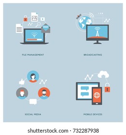 Internet, computers, mobile devices and social media concepts with icons