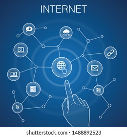 internet concept, blue background.  ecommerce, social media, website, Email icons