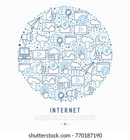 Internet concept in circle with thin line icons: e-mail, chat, laptop, share, cloud computing, seo, download, upload, stream, global connection. Modern vector illustration for web page.