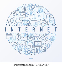 Internet concept in circle with thin line icons: e-mail, chat, laptop, share, cloud computing, seo, download, upload, stream, global connection. Modern vector illustration for web page.