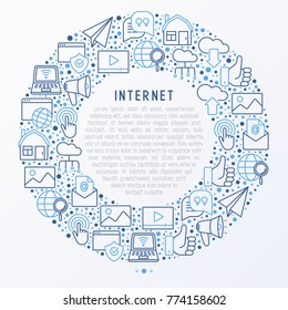 Internet concept in circle with thin line icons: e-mail, chat, laptop, share, cloud computing, seo, download, upload, stream, global connection. Modern vector illustration for web page.