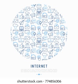 Internet concept in circle with thin line icons: e-mail, chat, laptop, share, cloud computing, seo, download, upload, stream, global connection. Modern vector illustration for web page.