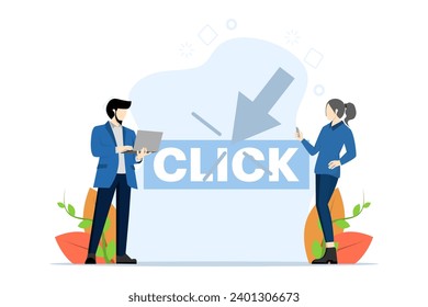 Internet concept. Click the button here on the laptop screen. Cursor pointer sign. Little people with big mouse arrow clicks. Modern flat cartoon style. Vector illustration on white background.