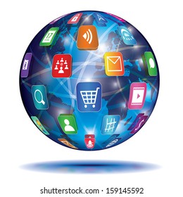 Internet Concept: Deep blue globe with color web application icons on its surface. Vector illustration, isolated on white background.