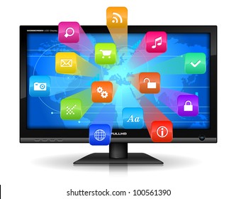 Internet concept: detailed vector illustration of widescreen TFT display with colorful application icons isolated on white background with reflection effect