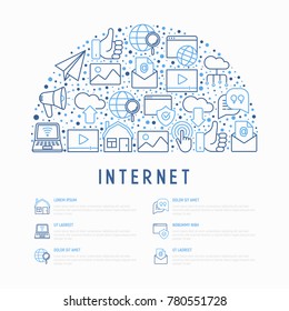 Internet concept in half circle with thin line icons: e-mail, chat, laptop, share, cloud computing, seo, download, upload, stream, global connection. Modern vector illustration for web page.