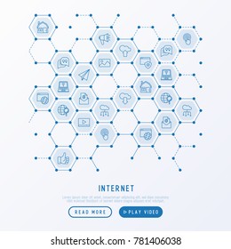 Internet concept in honeycombs with thin line icons: e-mail, chat, laptop, share, cloud computing, seo, download, upload, stream, global connection. Modern vector illustration for web page.