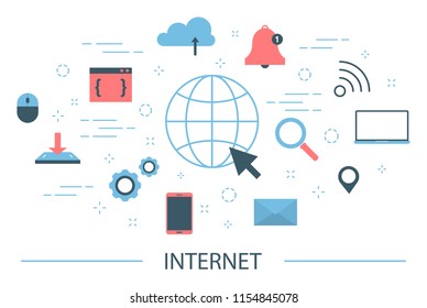 Internet concept. Idea of global network. Worlwide connection, storage and information. Modern technology. Set of internet and big data icons. Isolated flat vector illustration