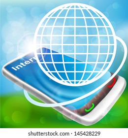 Internet concept illustration. Phone with illuminated globe flying out of screen.
