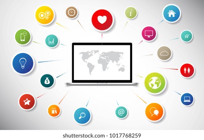 Concepto de Internet. Laptop conectada a la comunicación de redes sociales globales.