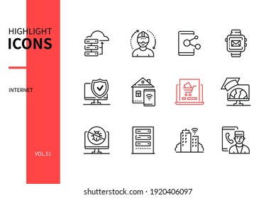 Internet concept - line design style icons set. Online services and data protection idea. Cloud computing, virtual reality, social network, wearable devices, e-commerce, e-learning, digital medicine
