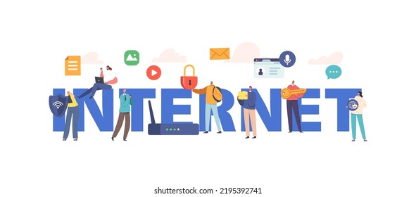 Internet Concept, Modern Network Technology, Free Wi-fi Hotspot. Characters with Lock, Key, Laptop, Smartphone. Wifi Wireless Connection Poster Banner or Flyer. Cartoon Vector Illustration