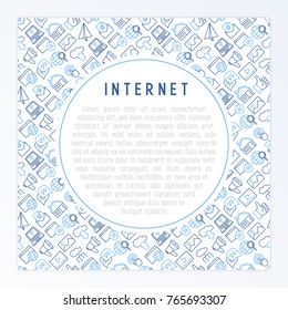 Internet concept with thin line icons: e-mail, chat, laptop, share, cloud computing, seo, download, upload, stream, global connection. Modern vector illustration for web page.