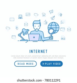 Internet concept with thin line icons: user is searching information on laptop. Modern vector illustration, web page template.