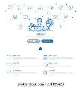Internet concept with thin line icons: user is searching information on laptop. Modern vector illustration, web page template.