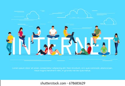 Internet concept. Young people with tablet pc and laptops are engaged in distance learning on the Internet. Men and women in a flat style read using gadgets. Vector illustration.