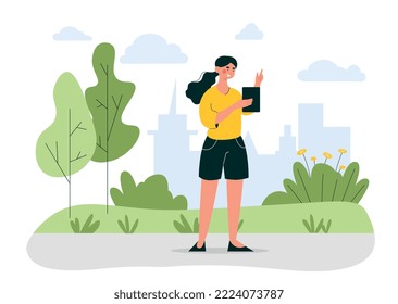 Internet connection anywhere. Woman with smartphone or tablet in park. Character watches interesting content on social networks and communicates in messengers. Cartoon flat vector illustration
