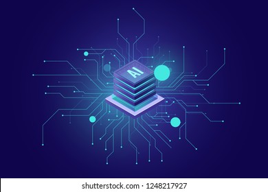 internet connection, artificial intelligence ai isometric icon abstract sense of science and technology, server room, rack graphic design vector