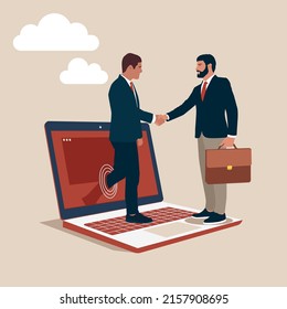 Internet Connection. Business people shaking hands through laptop monitor. Business vector illustration