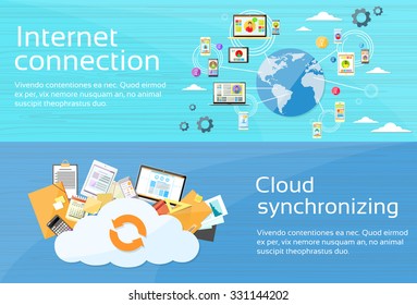 Internet Connection Cloud Synchronizing Computer Device Network Web Banner Set Flat Design Vector Illustration