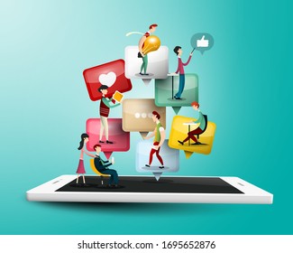 Concepto de conexión a Internet con grupo de personas en teléfono móvil o Tablet PC. Diseño de medios sociales con usuarios usando dispositivos. Creative Team Vector Illustration.
