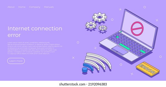 Página de inicio isométrica de error de conexión a Internet. Página Web no cargada. Desconexión de conectividad inalámbrica, conexión WiFi por error. Signo de Wifi. Concepto de ilustración de vector