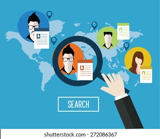 internet connection to find person social media and social network flat vector design illustration