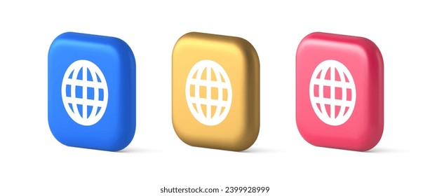 Internet connection global browsing information button cyberspace data search 3d realistic blue gold and pink icons. Online communication technology planet wireless virtual networking