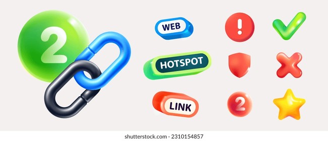 Internet connection icon set. Chain links, emblems, checkmark, red cross, star, shield in 3D cartoon plastic style. Realistic vector for blockchain design, hotspot logo, crypto currency app, NFT UI. svg