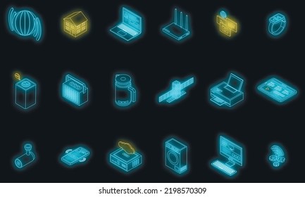 Iconos de conexión a Internet configurados. Conjunto isométrico de iconos vectoriales de conexión a internet color de neón en negro