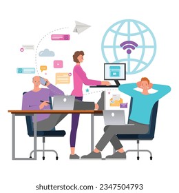 concepto de ilustración de conexión a Internet. Diseño vectorial de caracteres de trabajo para hombre y mujer de oficina. 