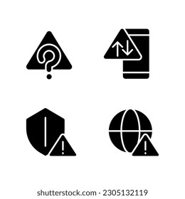 Internet connection issues black glyph icons set on white space. Unknown system error. Smartphone data problem. Silhouette symbols. Solid pictogram pack. Vector isolated illustration